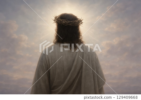 Jesus christ wearing a crown of thorns, seen from behind, looking towards a bright light in the sky. Jesus christ wearing a crown of thorns, seen from behind, looking towards a bright light in the sky. 129409668