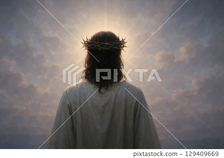 Jesus christ with a crown of thorns, seen from behind, looking towards a bright sky Jesus christ with a crown of thorns, seen from behind, looking towards a bright sky 129409669