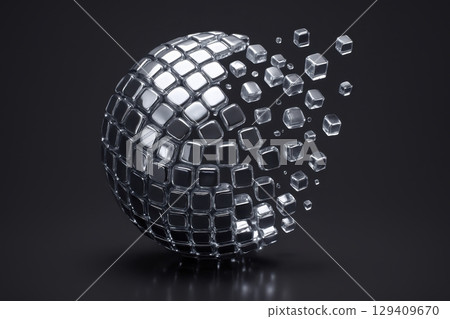 Abstract chrome sphere breaking into reflective cubes, representing data technology or digital concept Abstract chrome sphere breaking into reflective cubes, representing data technology or digital concept 129409670