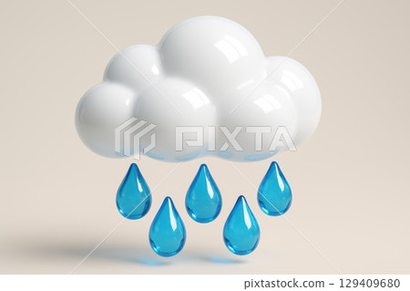 Stylized glossy white rain cloud with translucent blue raindrops falling, weather concept 129409680