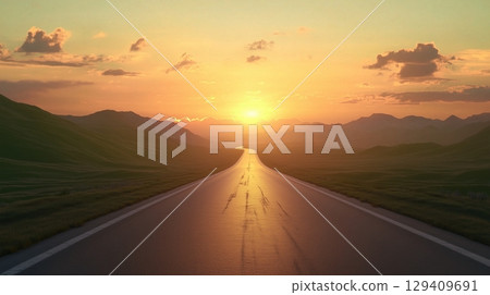 Perspective highway road, mountain view and sky backlight sunset travel journey 129409691