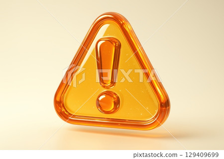 Glossy 3D orange warning sign with exclamation mark inside a translucent triangular icon 129409699
