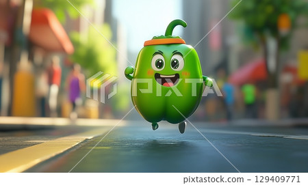 Mascot green bell pepper character wearing sweatband happy running sport in blurred city road 129409771