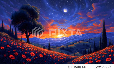 Tuscany Poppy Field at Sunset Under Starry Night 129409792