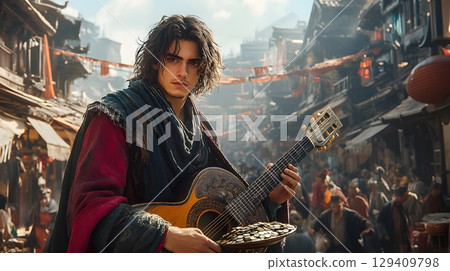 Young Man Plays Guitar for Coins in Crowded Market 129409798