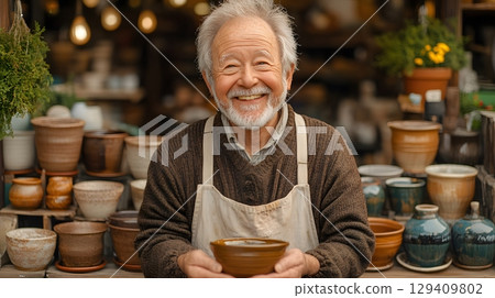Happy Potter Smiling in his Pottery Workshop 129409802
