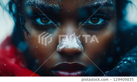 Close-up Portrait of a Woman with Snow on Face 129409835