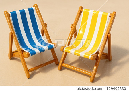 Two classic wooden beach chairs with blue and yellow stripes for summer vacation 129409880