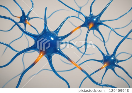 Vibrant blue neuron cells interacting in a dynamic brain network Vibrant blue neuron cells interacting in a dynamic brain network 129409948