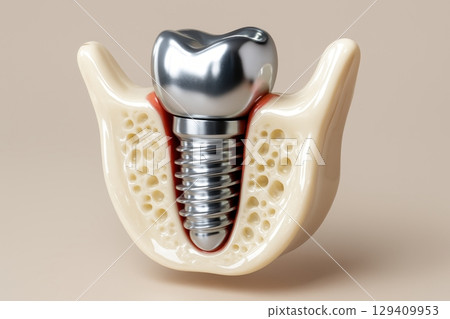 Dental implant with metallic crown in cross section of human jawbone anatomy 129409953