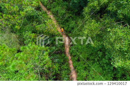 Aerial view of woman ultra marathon runner running on tropical rainforest trail 129410017