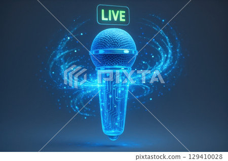 Translucent glowing microphone with circuit patterns and live streaming icon 129410028