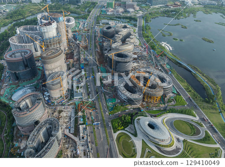 Aerial footage of construction site in Chengdu city, China 129410049