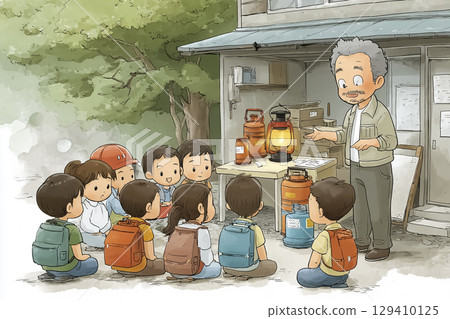 A scene of a teacher giving an explanation under the light of a disaster prevention lantern 129410125