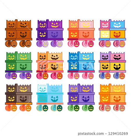 Colorful Jack-o'-Lantern Cart Icon Set – 12 Cute Halloween Illustrations 129410269