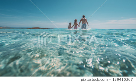 微笑的家庭在海裡玩耍 129410367