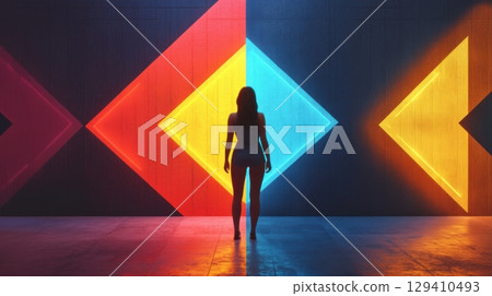 woman silhouette neon lights abstract background 129410493
