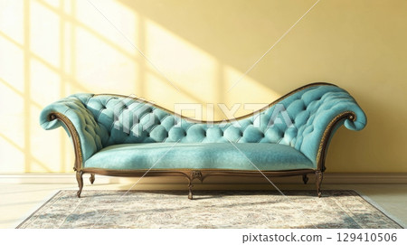elegant teal velvet chaise lounge in sunny room 129410506