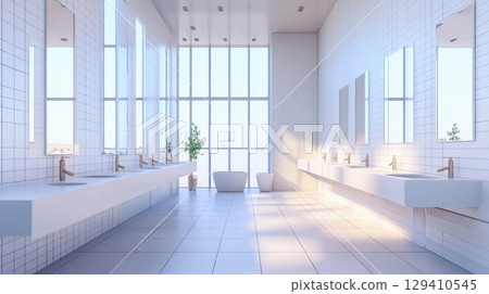 modern minimalist bathroom design with large windows 129410545