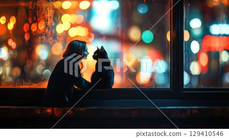 woman and black cat by window at night 129410546