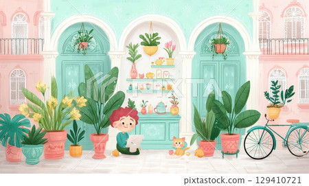 Young woman working on laptop in cozy cafe with vibrant interior and stylish decor 129410721