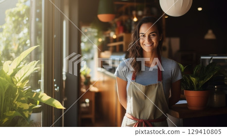 smiling female small business owner in coffee shop 129410805