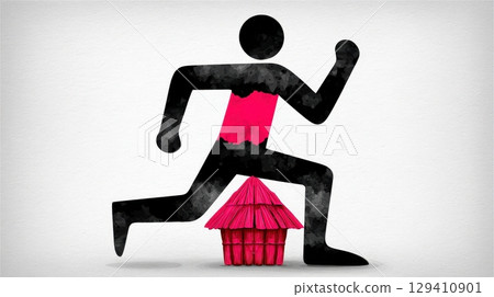 Dynamic Abstract Running Figure with Bright Pink House Element for Creative Concepts 129410901