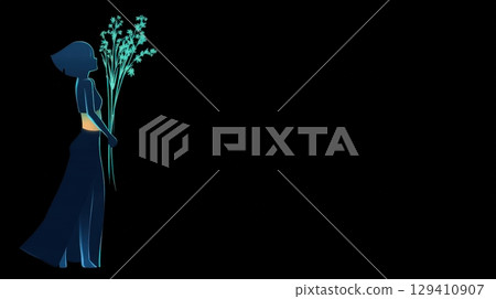 Elegant silhouette of a woman holding flowers against a black background in a modern design 129410907