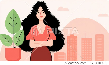 Confident Woman with Long Hair Standing Near Potted Plant and Cityscape in Soft Color Palette 129410908