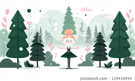 Cute girl practicing yoga in serene forest environment with stylized trees and plants 129410934