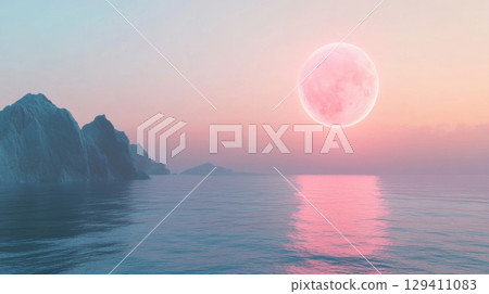 pink moon over calm ocean and mountains 129411083