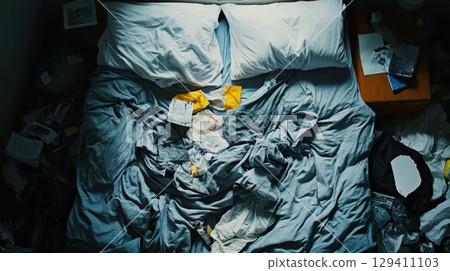 messy bedroom scene with papers and clothes messy bedroom scene with papers and clothes 129411103