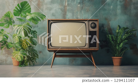 vintage television set with tropical plants in retro room vintage television set with tropical plants in retro room 129411107