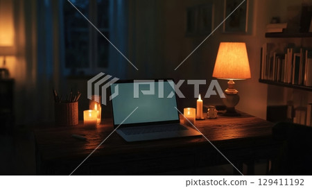 cozy night atmosphere with laptop and candles 129411192