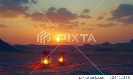 desert sunset with lit lanterns 129411226
