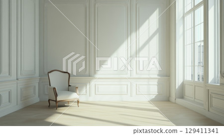 elegant empty room with white walls and single chair 129411341