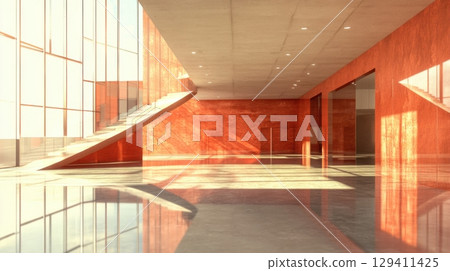 modern architectural interior design with orange walls and glass 129411425
