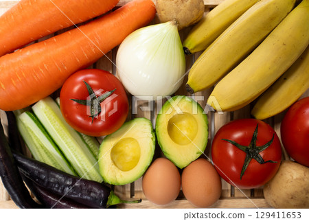 Fresh organic vegetables for cooking salad. diet and healthy food. Banana 129411653