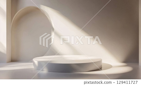 minimalist white product display platform with sunlit background 129411727
