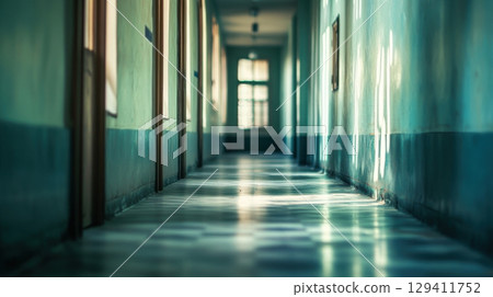 long empty hallway in old building 129411752