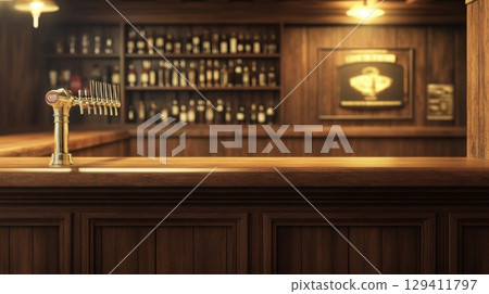 classic wooden bar counter with beer taps classic wooden bar counter with beer taps 129411797