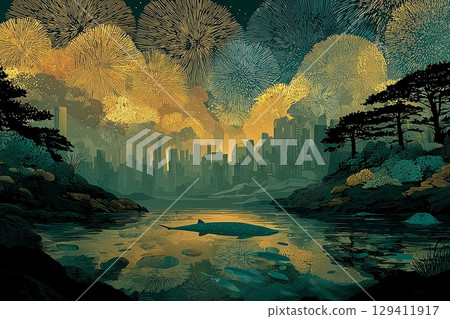 夜景煙火和鯨魚漂浮在水面上 — 暖光向量插圖 夜景煙火和鯨魚漂浮在水面上 — 暖光向量插圖 129411917