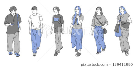 Set of line drawings of people in the city Set of line drawings of people in the city 129411990