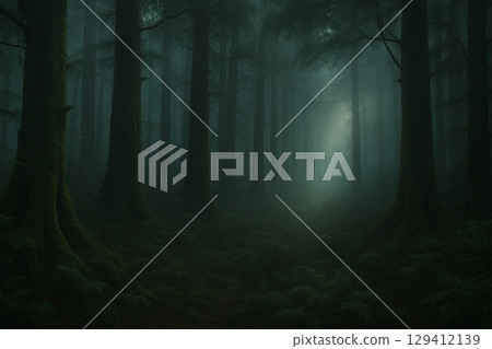 A misty forest and a ray of sunlight 129412139
