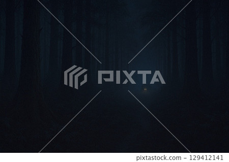 The light of a house can be seen from far away in the dark forest 129412141