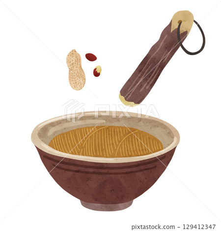 Mortar, pestle and peanuts watercolor hand-drawn illustration 129412347