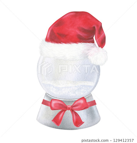 Snow Globe blank with red with Santa claus hat. Watercolor illustration of a Christmas snowball. Hand drawn vintage sketch of Snowglobe on white isolated background. Water color painting art image 129412357