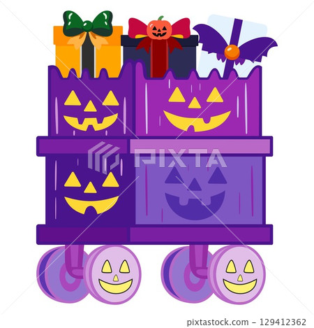 Simple Halloween illustration material - Jack-o'-lantern cart and presents Simple Halloween illustration material - Jack-o'-lantern cart and presents 129412362