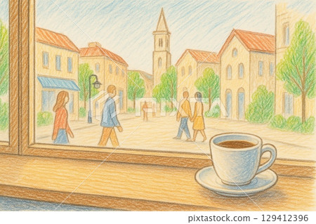 Men and women walking through the city seen through a cafe window (illustration, horizontal, banner) Men and women walking through the city seen through a cafe window (illustration, horizontal, banner) 129412396
