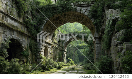 Ancient overgrown aqueduct, crumbling stone, historic archway, lush green, abandoned ruin Ancient overgrown aqueduct, crumbling stone, historic archway, lush green, abandoned ruin 129412433